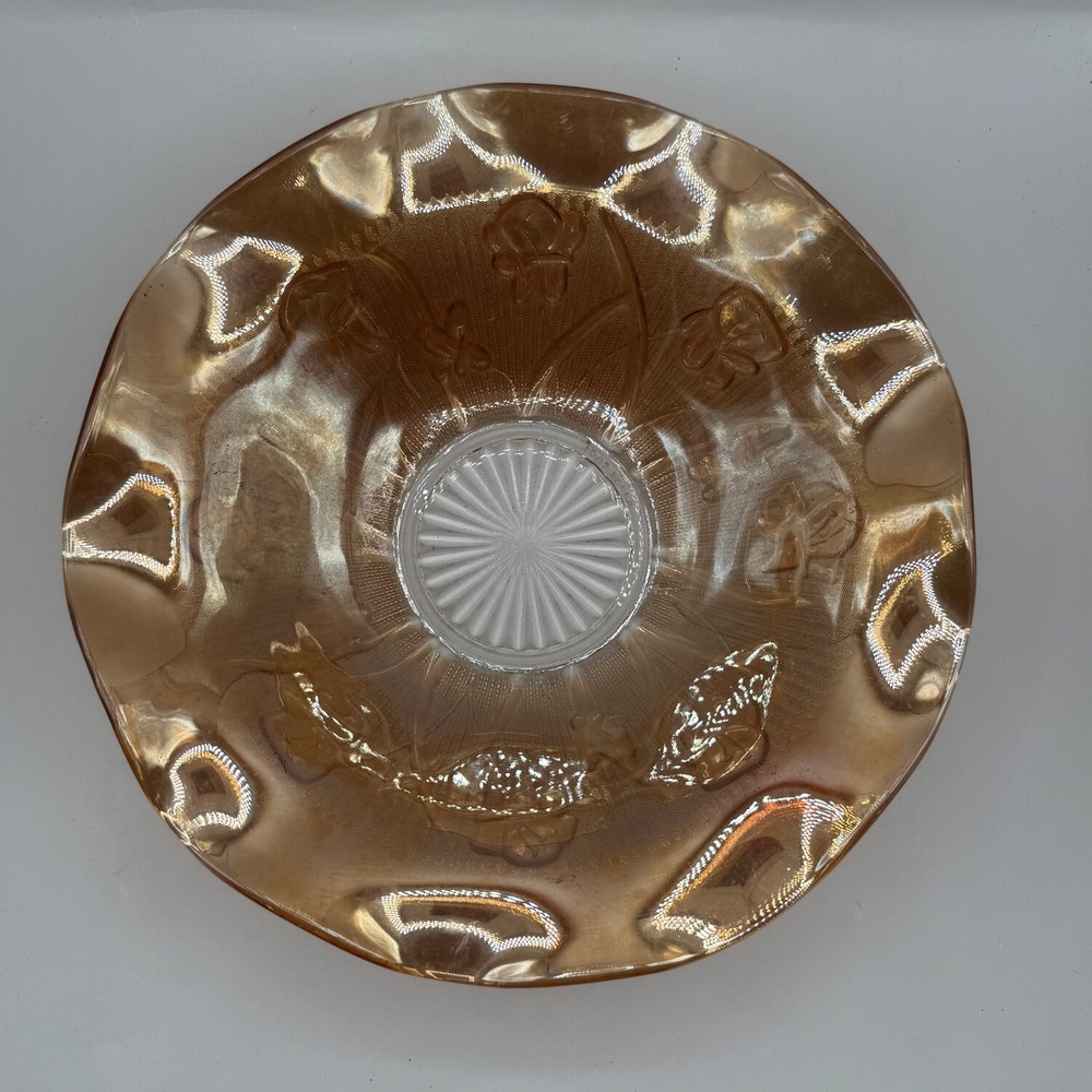 Vintage Carnival Glass Bowl Marigold Iridescent Ruffled Floral 9 Inch